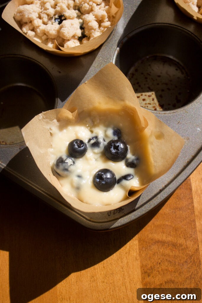 Blueberry Coffee Cake Muffins Recipe for Moist, Crumb-Topped Delight 8 Scooping batter