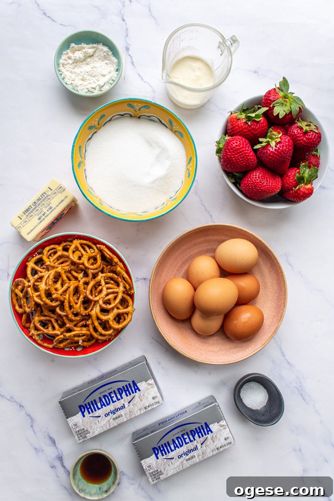 No-Bake Strawberry Pretzel Cheesecake with Salted Crust 3 Strawberry Pretzel Cheesecake Ingredients