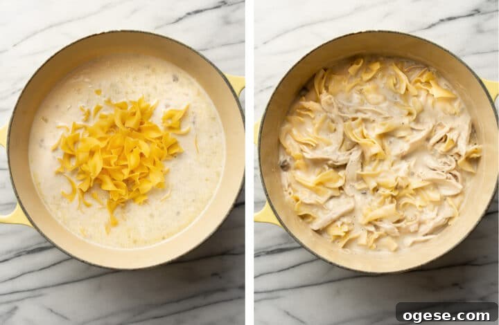 adding in chicken and noodles to a soup pot
