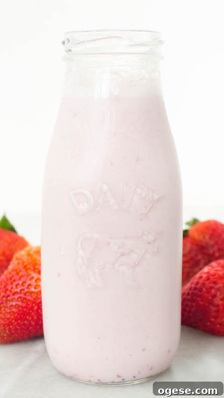 Homemade Strawberry Milk Recipe: Creamy Fresh Strawberry Milk Guide 3 Homemade Strawberry Milk Recipe in a glass milk bottle next to fresh strawberries.
