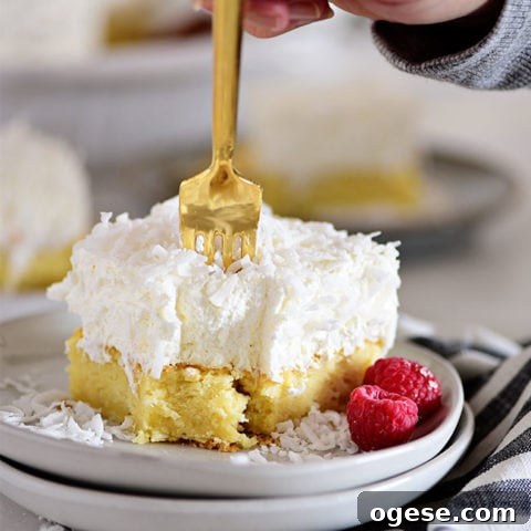 coconut cake with a gold fork poking into it
