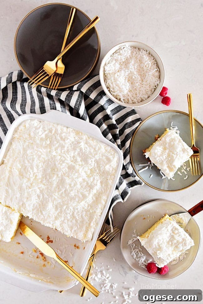 Moist Coconut Cake Recipe with Video Tutorial 3 coconut cake in pan with three pieces served on plates