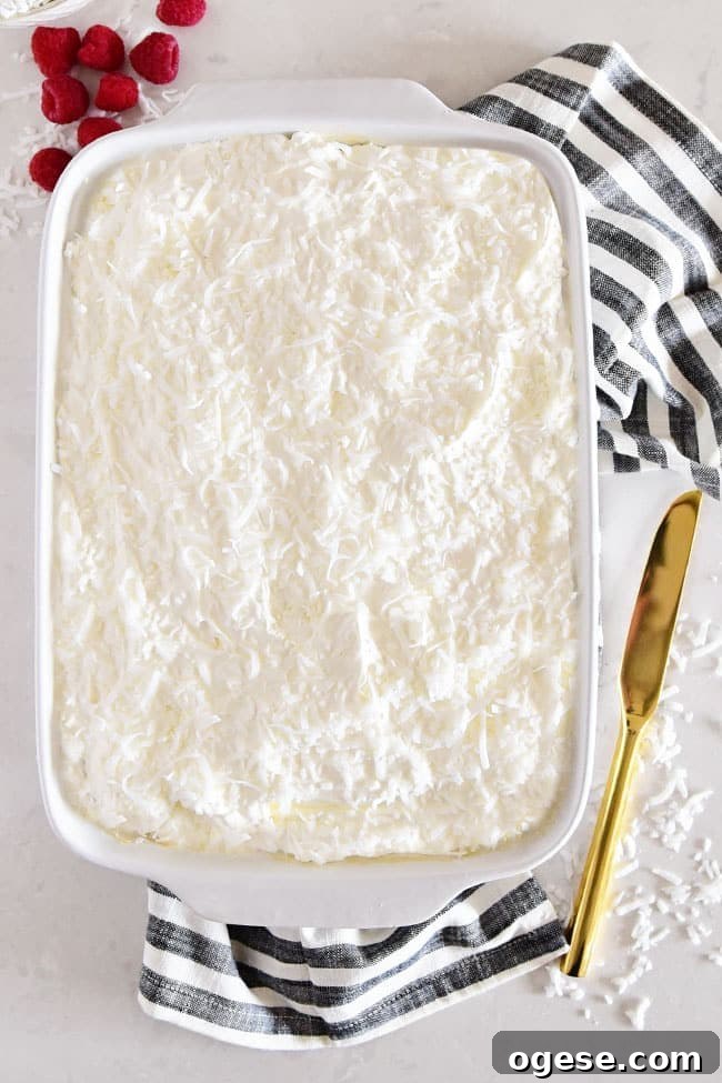 Moist Coconut Cake Recipe with Video Tutorial 5 coconut cake in white pan