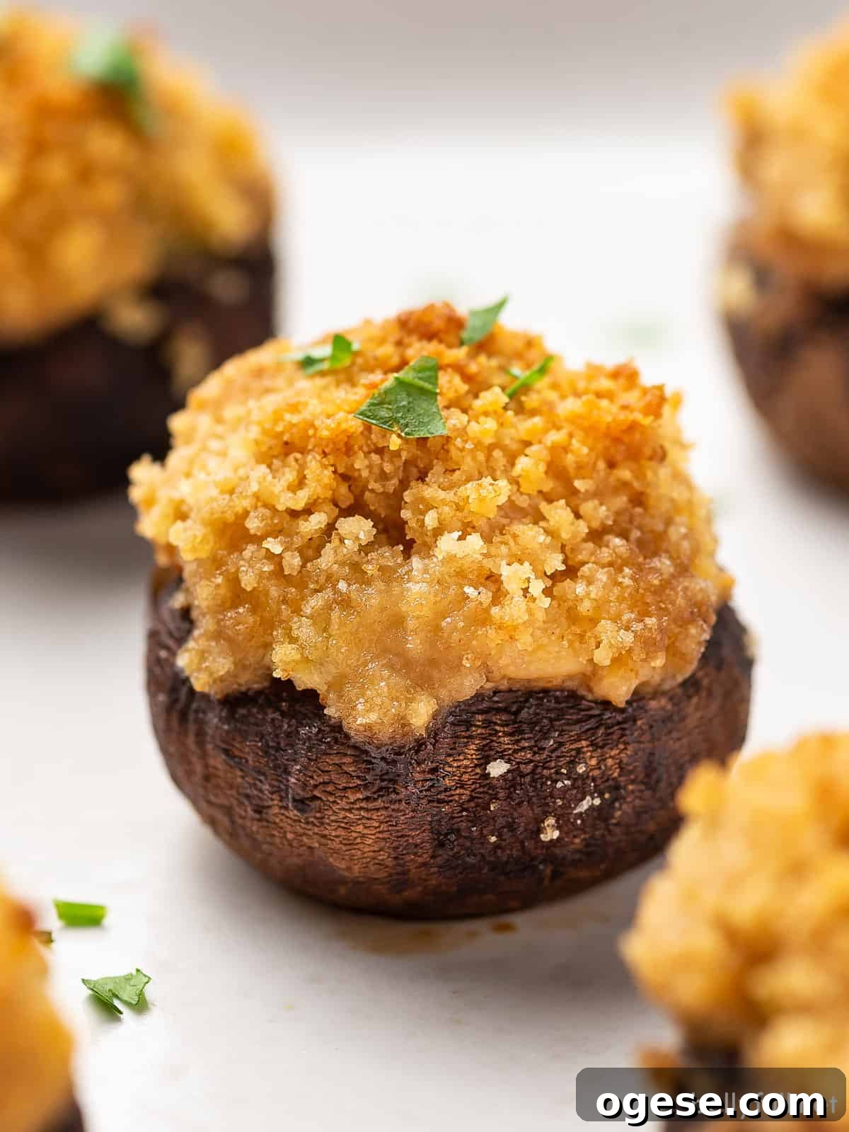 Close-up of a crab and cream cheese stuffed mushroom