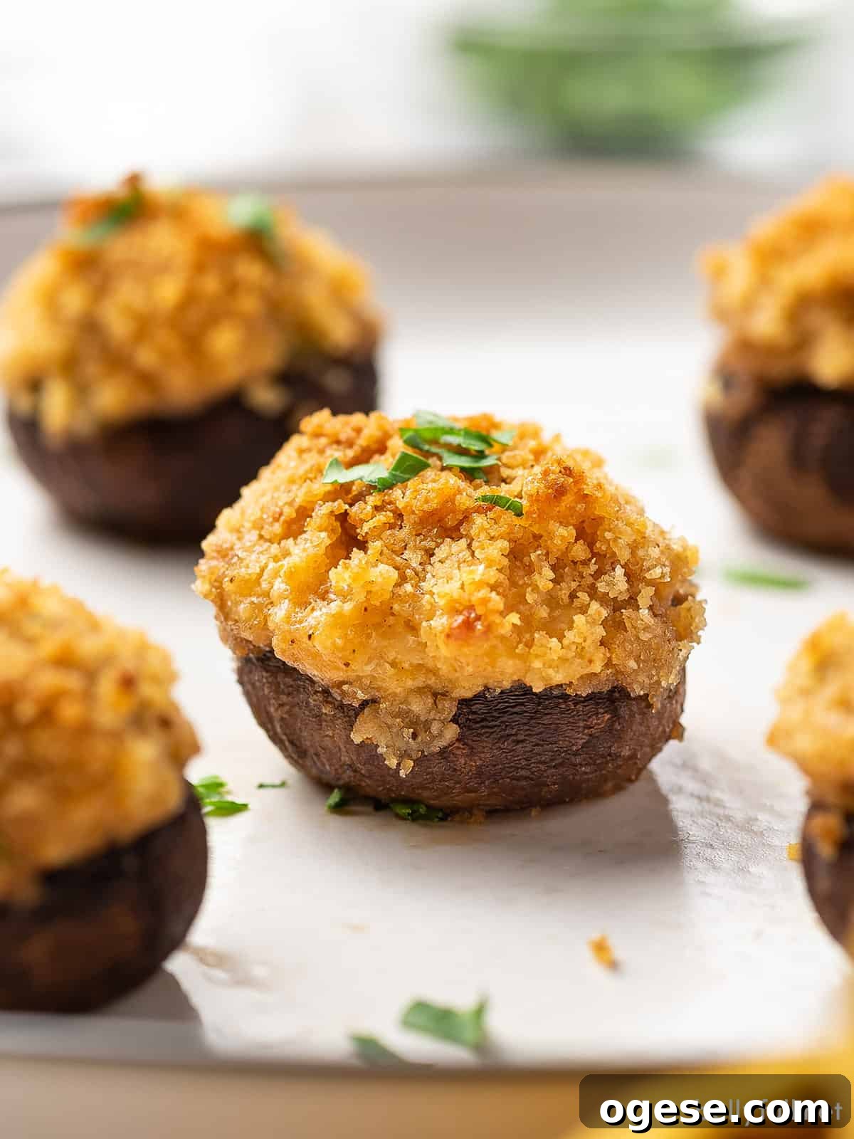 Crab stuffed mushrooms on a white serving plate