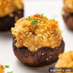Close-up of a crab and cream cheese stuffed mushroom