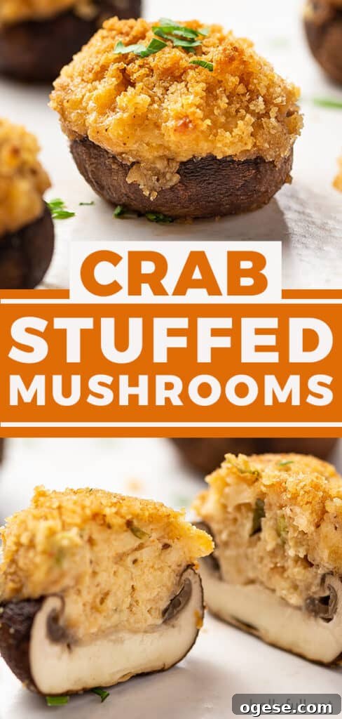 Two image pin of crab stuffed mushrooms recipe