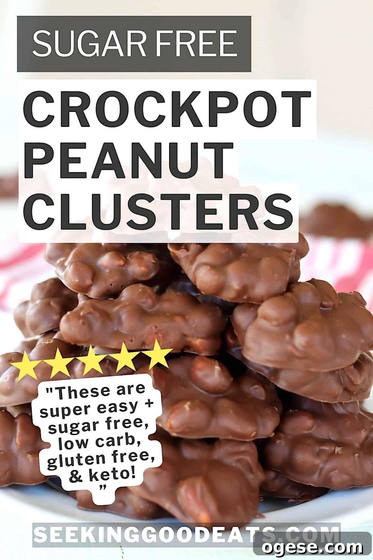 4-Ingredient Crockpot Peanut Clusters Recipe 3 A pile of chocolaty and nutty crockpot chocolate peanut clusters on a white plate.