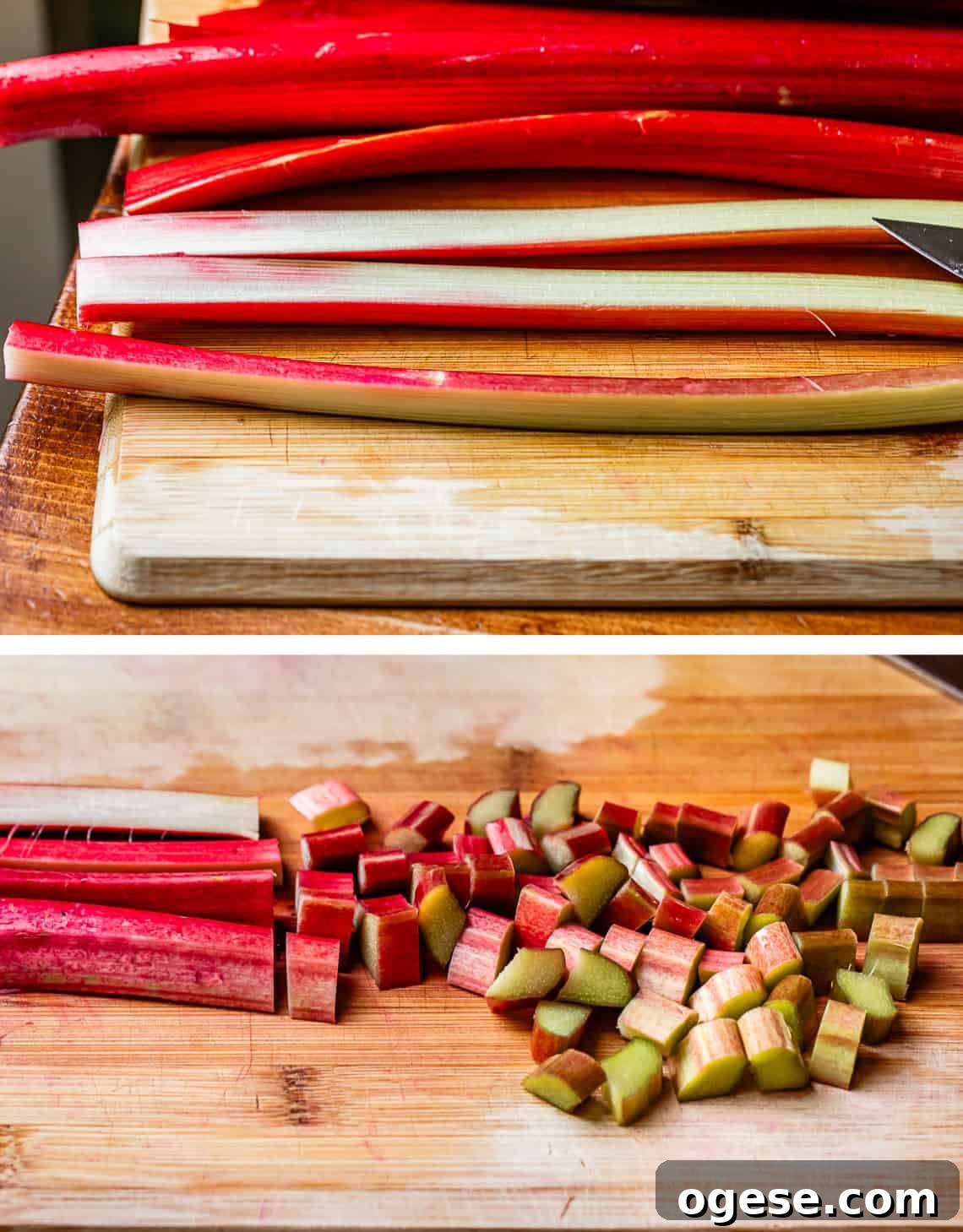 rhubarb sliced lengthwise and then chopped.