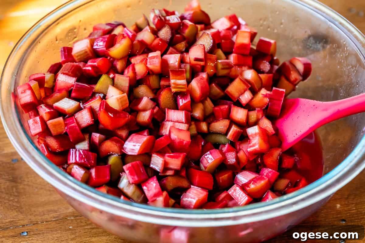 chopped rhubarb soaking in grenadine.
