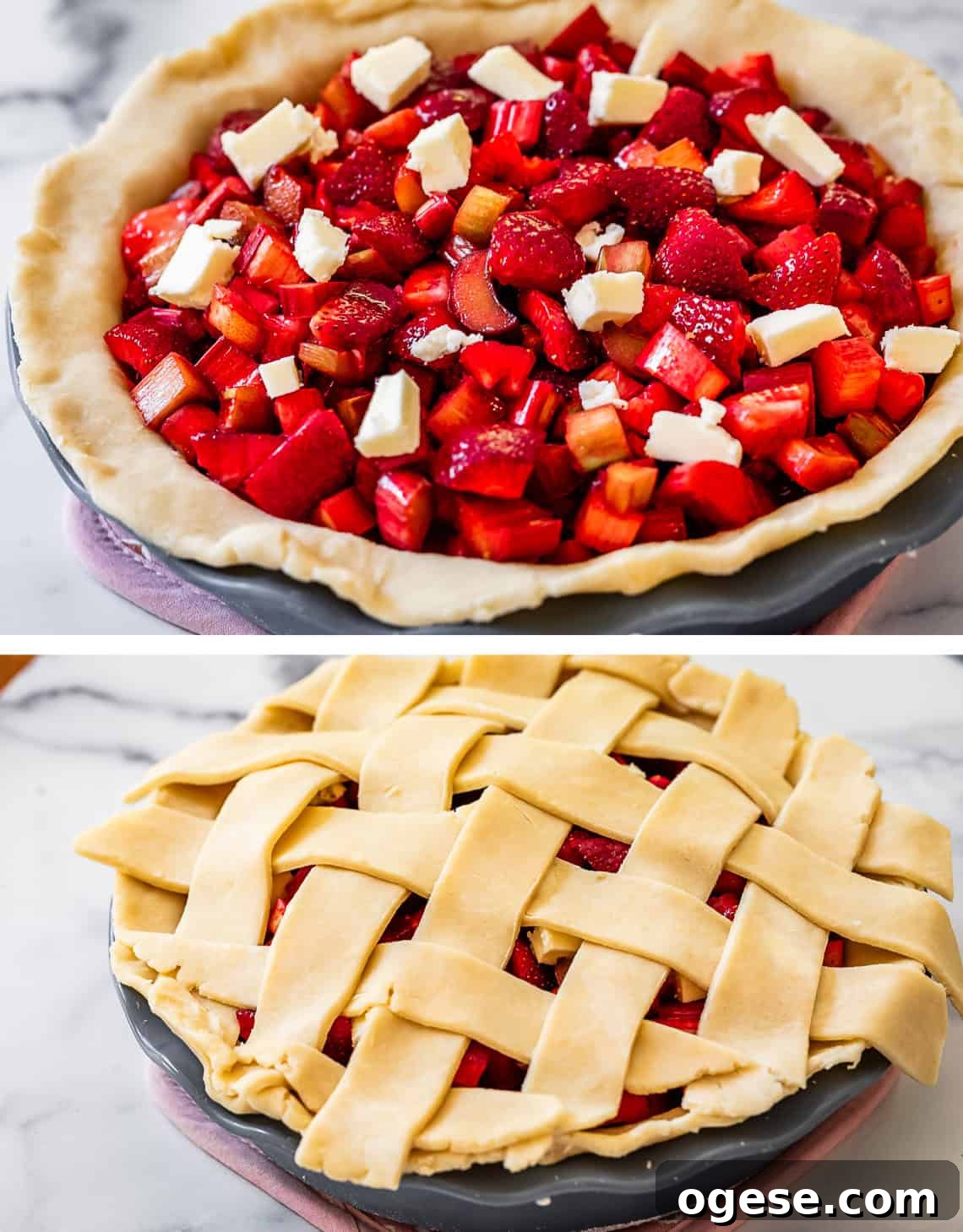 butter dotted on filling and lattice crust on top.
