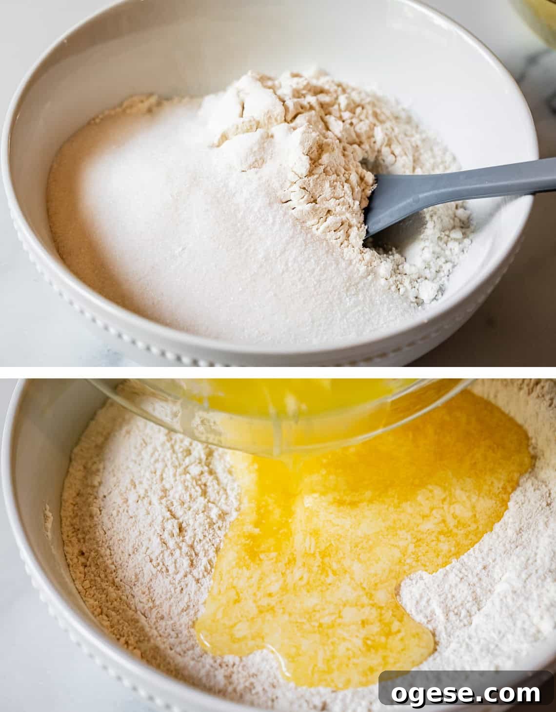 flour and sugar in a bowl, then melted butter being added.