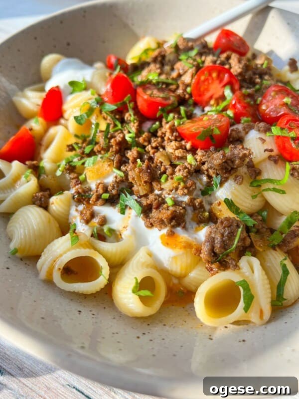 A bowl of pasta with creamy sauce, topped with seasoned ground meat, cherry tomato halves, and fresh parsley. The dish is served in a light-colored bowl with a spoon. Sunlight casts a warm glow over the meal.