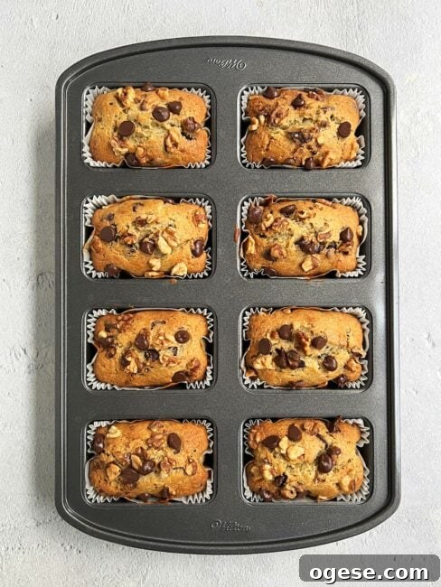Baked mini banana chocolate loaves still in the pan.