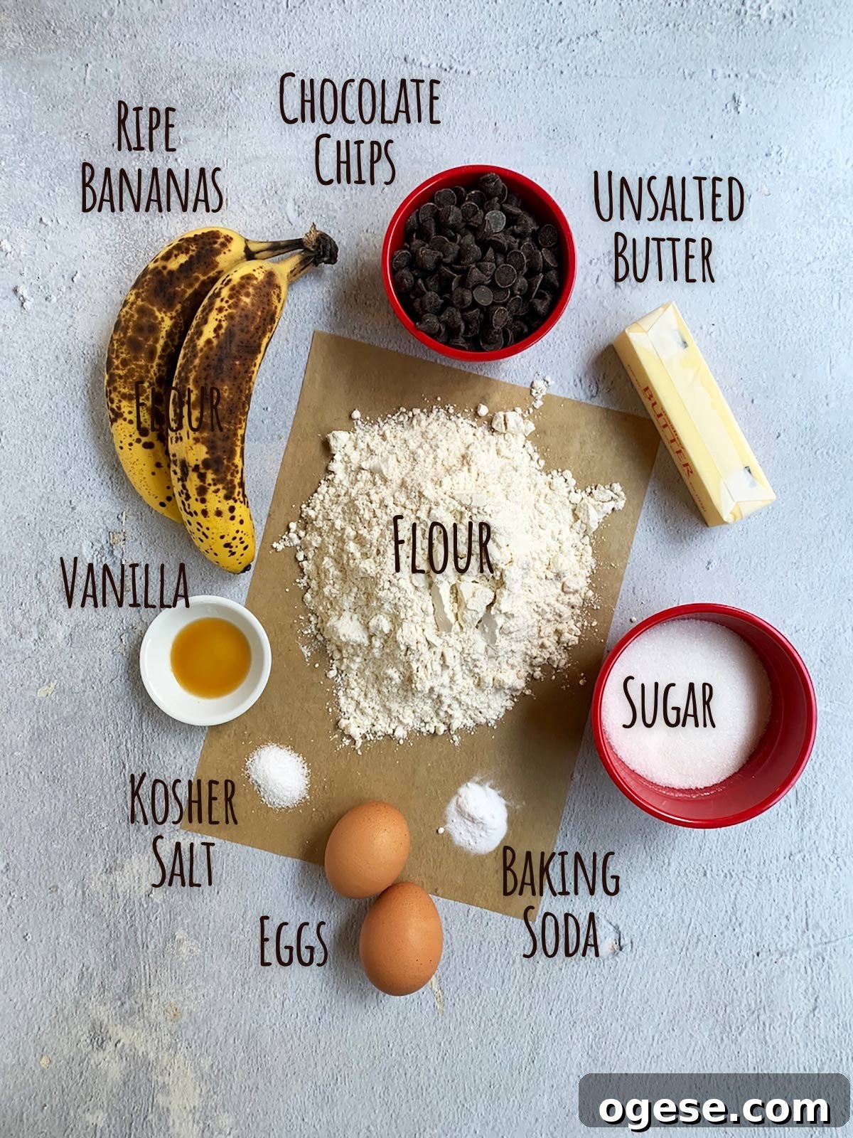 Ingredient shot for banana chocolate chip loaf showing all the ingredients on a light blue background.