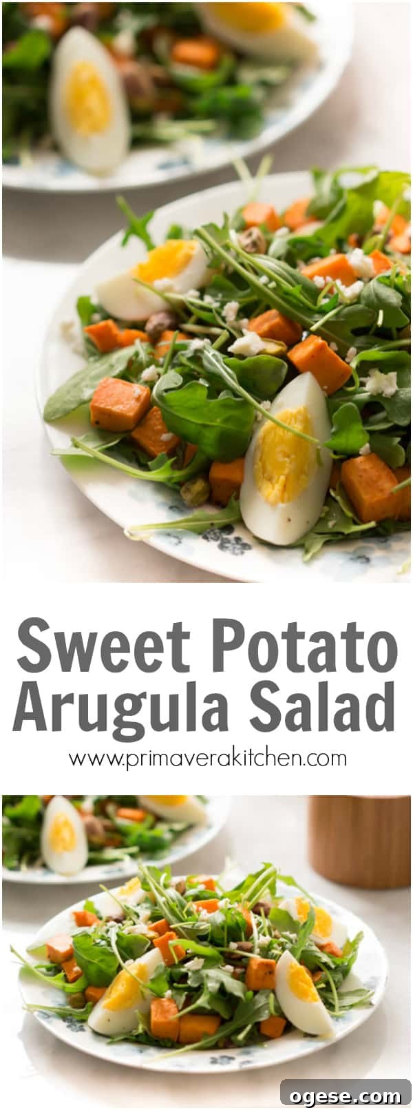 sweet-potato-arugula-salad - This Sweet Potato Arugula Salad is packed with pistachios, sweet potato, feta cheese and a delicious honey Dijon vinaigrette that pairs deliciously with arugula.
