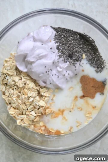 mixing bowl with oats, yogurt, chia seeds