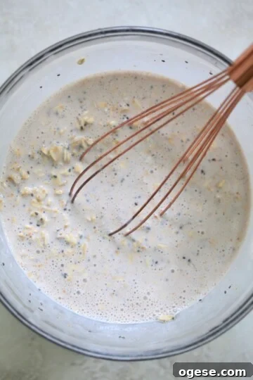 whisked oatmeal in mixing bowl