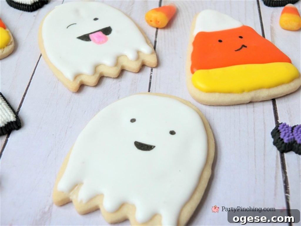 too cute to spook cookies, halloween cookies for kids, cute halloween cookies, ghost candy corn cookies, halloween party ideas