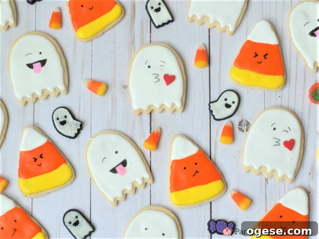 too cute to spook cookies, halloween cookies for kids, cute halloween cookies, ghost candy corn cookies, halloween party ideas