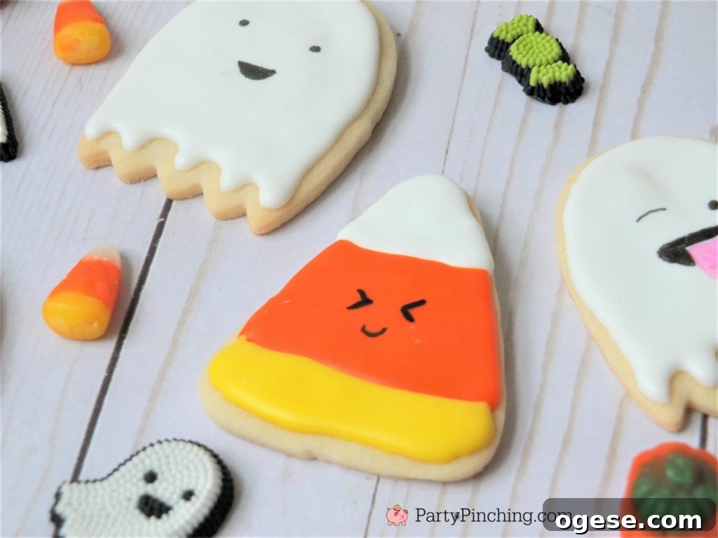 too cute to spook cookies, halloween cookies for kids, cute halloween cookies, ghost candy corn cookies, halloween party ideas