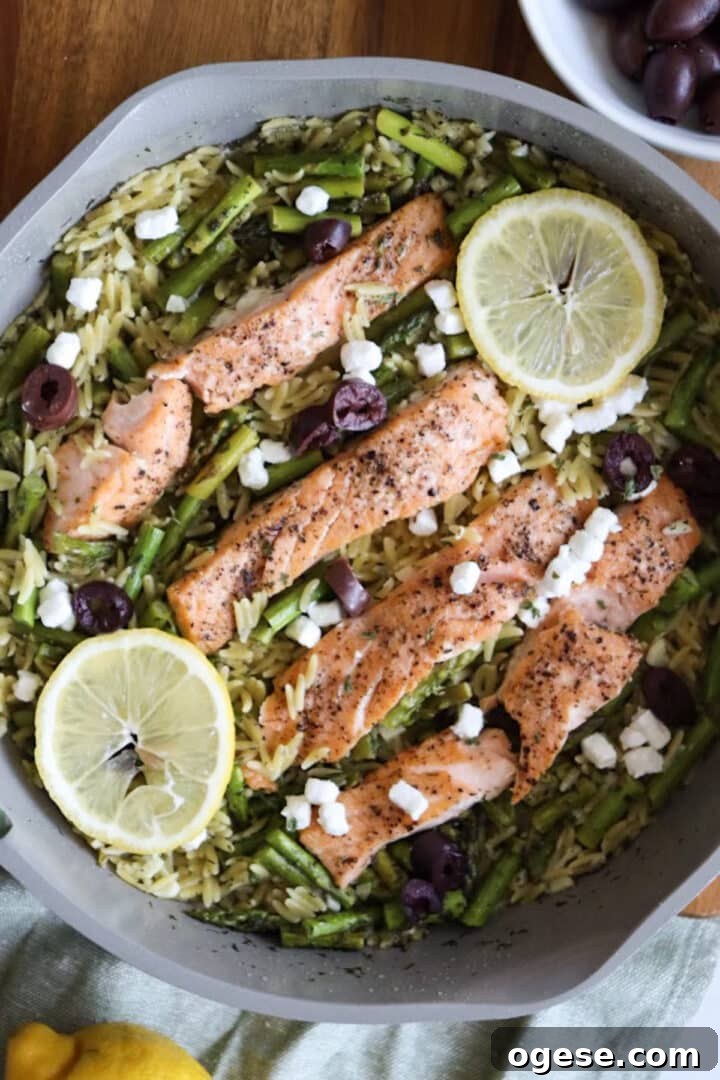 One-Pan Lemon Salmon and Orzo Recipe 2 Salmon and orzo recipe with lemon and greek-inspired flavors in a large non-stick skillet