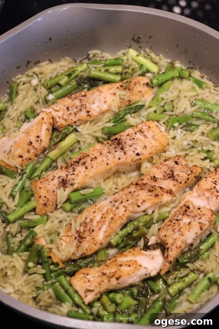 One-Pan Lemon Salmon and Orzo Recipe 11 Lemon salmon orzo recipe done cooking in a non-stick skillet