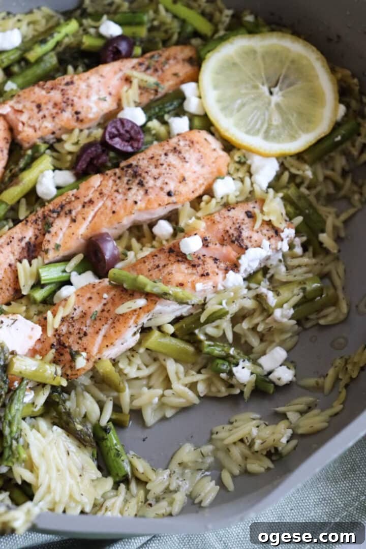 One-Pan Lemon Salmon and Orzo Recipe 12 Salmon and orzo in a skillet with a big scoop taken out