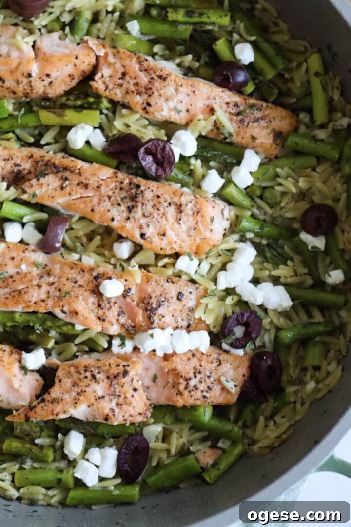 One-Pan Lemon Salmon and Orzo Recipe 3 Close-up photo of lemon salmon orzo recipe in a skillet with feta and olives