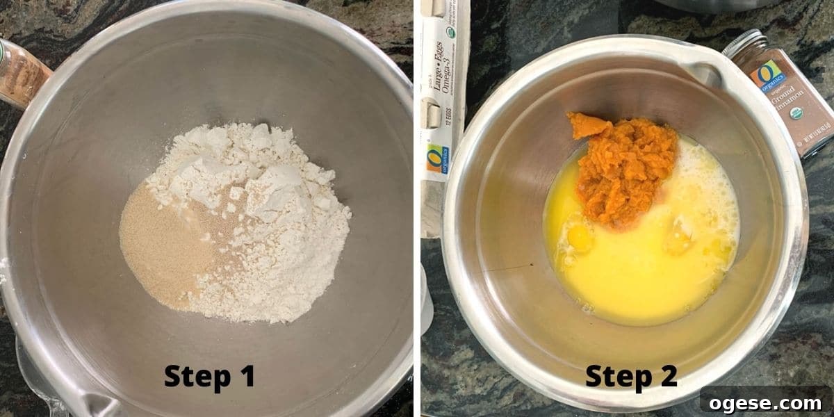 Photos of the wet and dry ingredients in separate bowls.