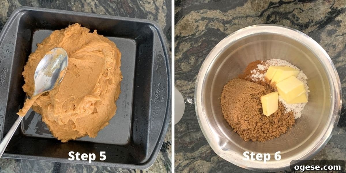 Photos adding the batter to an 8x8 pan and making the streusel topping.