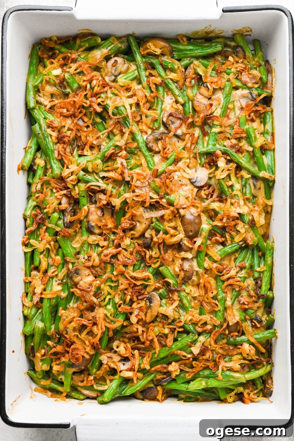 Dairy-Free Cashew Cream Green Bean Casserole (Gluten-Free) 2 Baked gluten free green bean casserole topped with crispy shallots.
