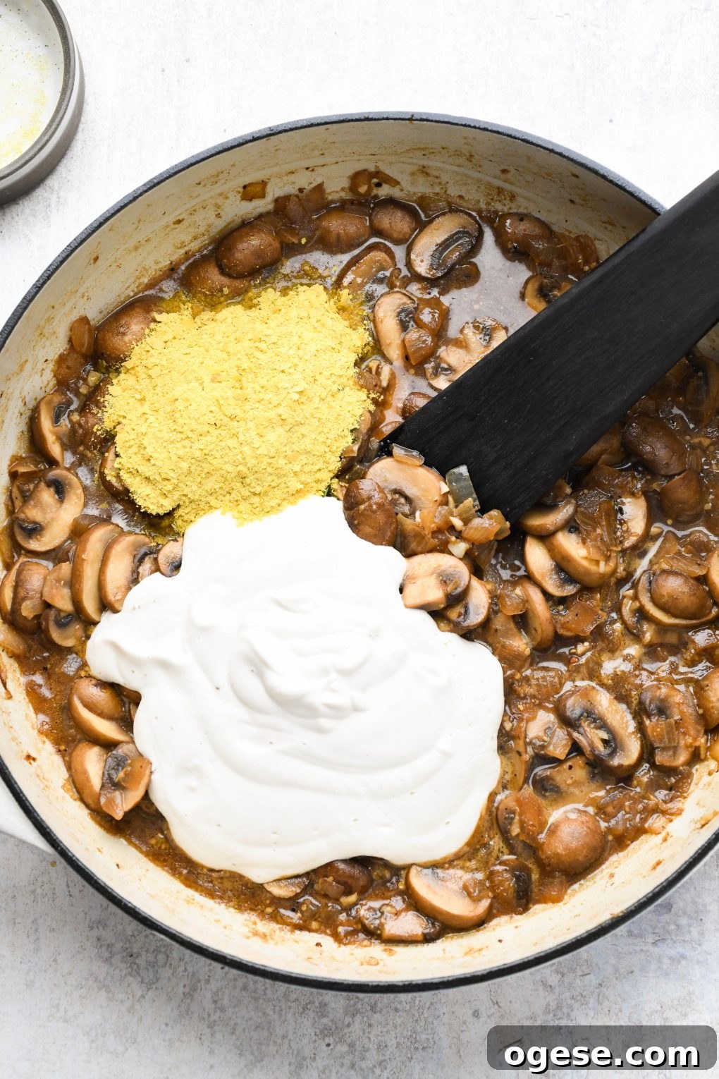 Dairy-Free Cashew Cream Green Bean Casserole (Gluten-Free) 10 Reduced mushroom sauce with cashew cream and nutritional yeast.