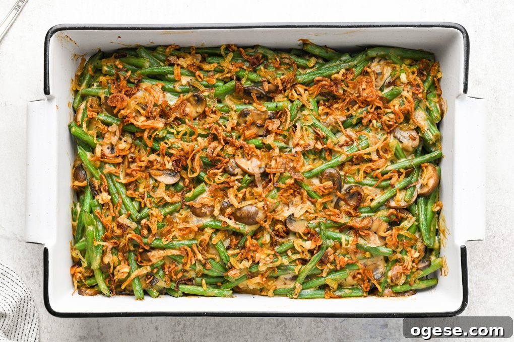 Dairy-Free Cashew Cream Green Bean Casserole (Gluten-Free) 14 Baked gluten free green bean casserole topped with crispy shallots in a 9x13 baking dish.