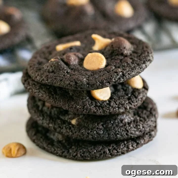 A stack of 4 double chocolate peanut butter chip cookies.