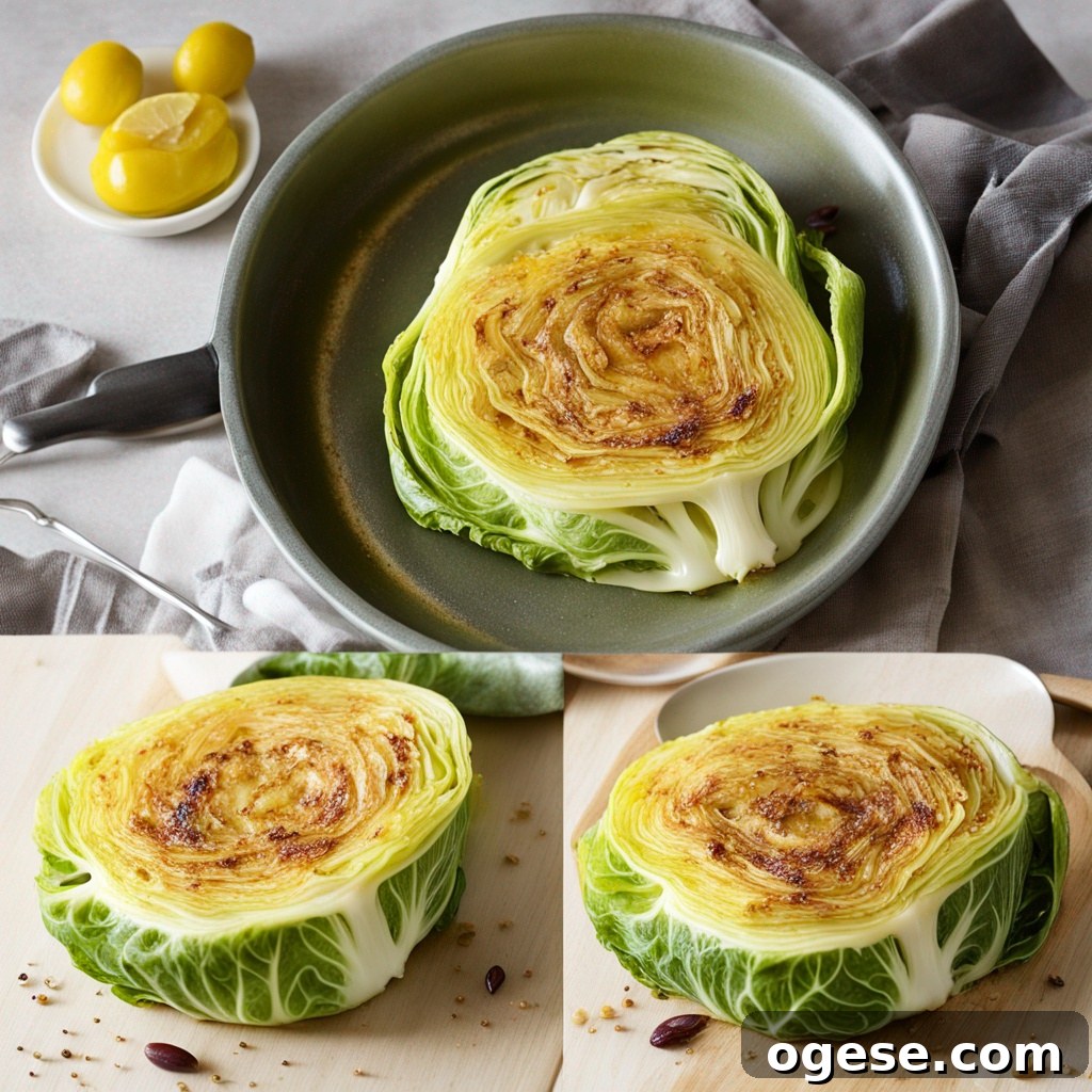 Crispy Golden Baked Cabbage Steaks with Garlic Herb Glaze 2 Plated baked cabbage steaks with a side of quinoa salad.