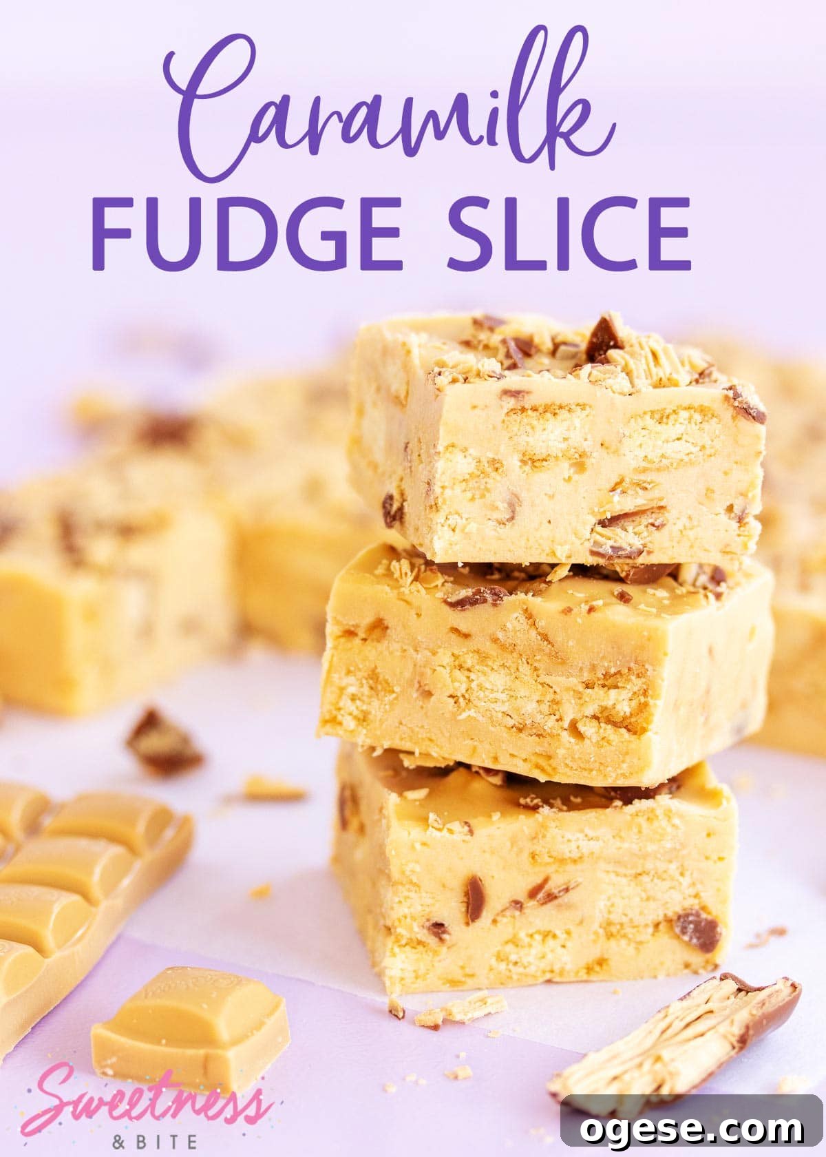 A stack of three pieces of Caramilk fudge slice