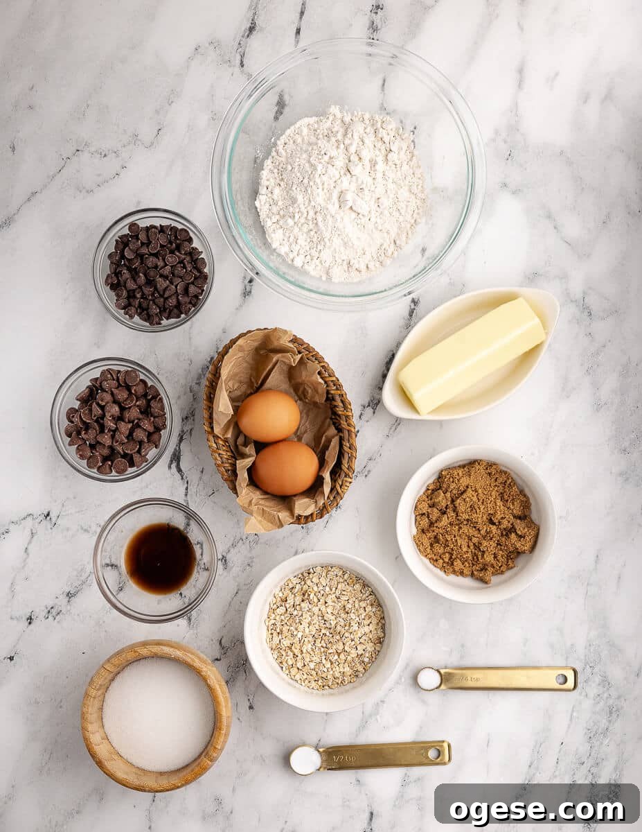 Gluten-Free Chocolate Chip Cookie Recipe You’ll Love 4 chocolate chips, gluten-free flour, butter, eggs, brown sugar, sugar, oats, salt, baking soda, and vanilla.