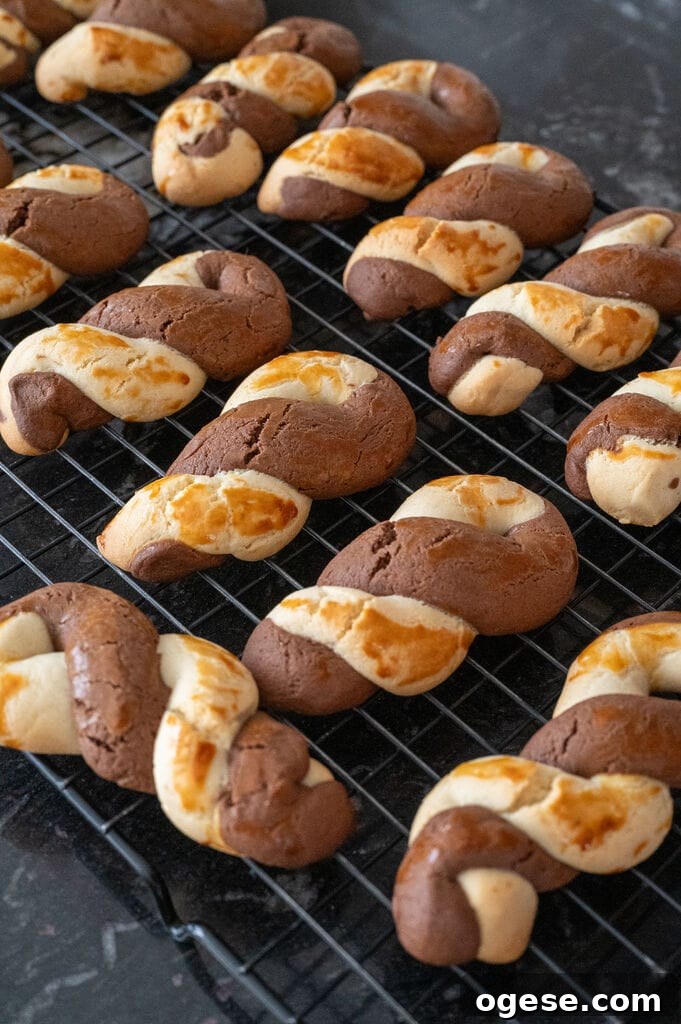 Greek Butter Koulourakia Cookies with Chocolate Swirl 18 Greek butter koulourakia with a chocolate twist on a wire rack.
