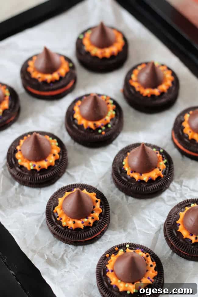 oreo witch hat cookies on platter