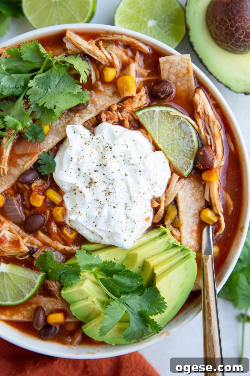 Slow-Cooker Chicken Tortilla Soup Recipe for Weeknight Meals 2 Big white bowl of chicken tortilla soup with avocado, sour cream, homemade tortilla strips and cilantro on top