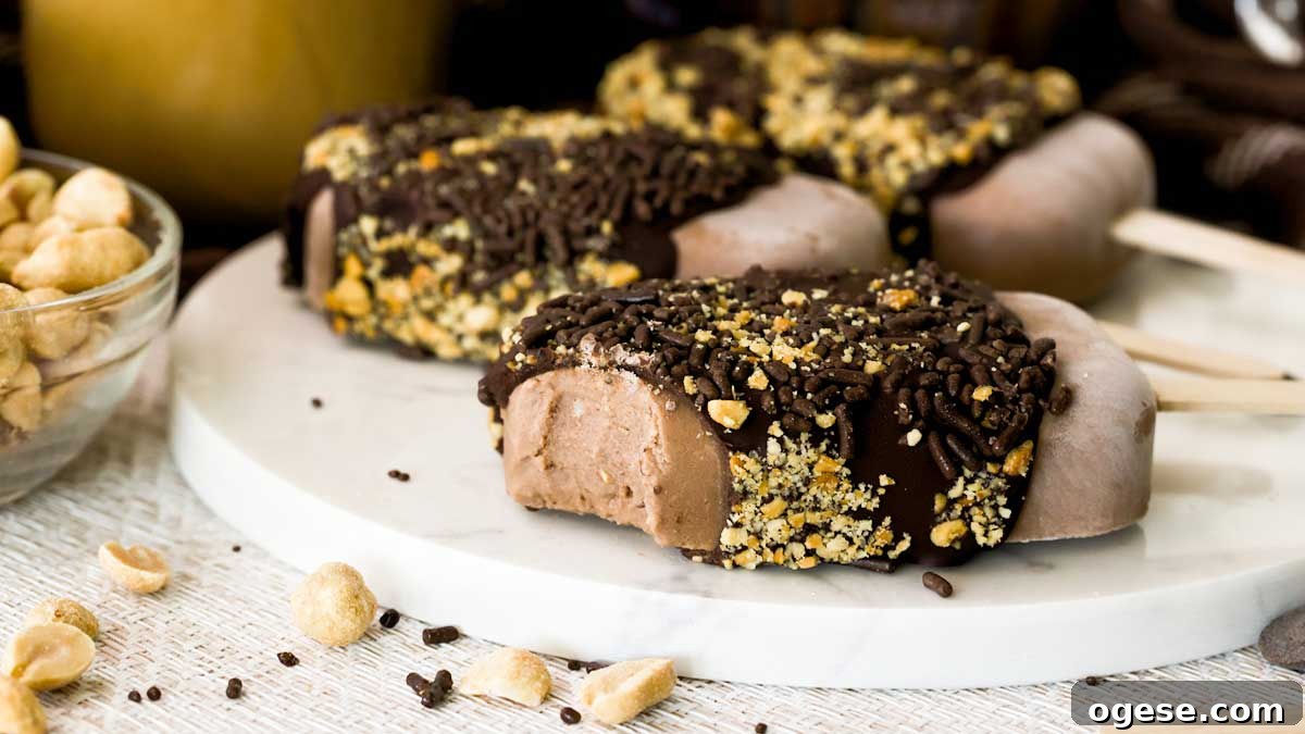 Chocolate Peanut Butter Cottage Cheese Ice Cream Bars — High-Protein Treat 4 A close-up of a chocolate peanut butter cottage cheese ice cream bar with a bite taken out of it.