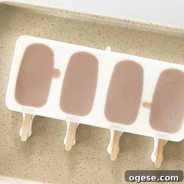 Chocolate Peanut Butter Cottage Cheese Ice Cream Bars — High-Protein Treat 9 Covering the popsicles in the popsicle mold.
