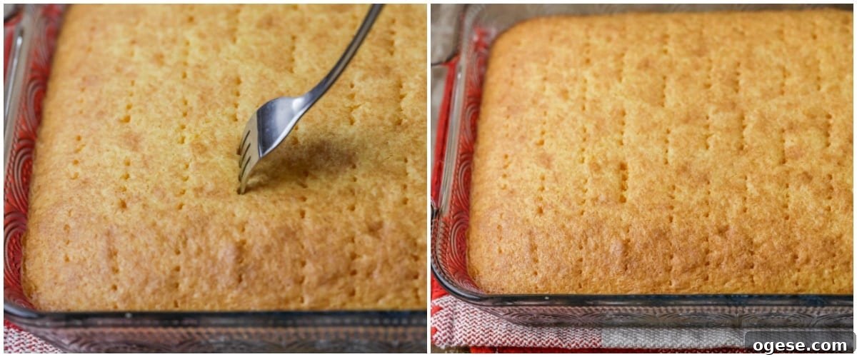 Poking holes in cake for Jello poke cake