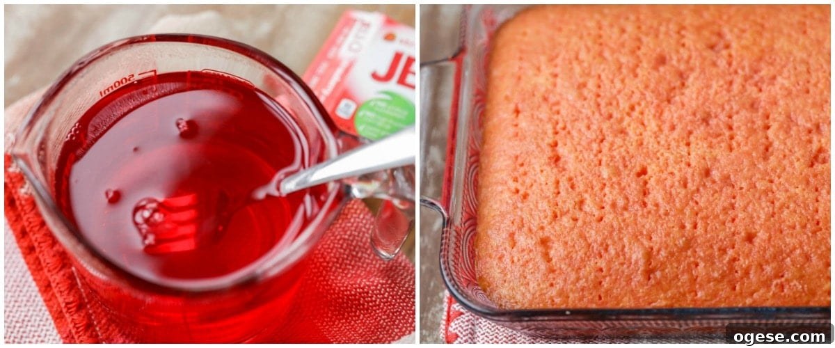 Pouring Jell-O over cake
