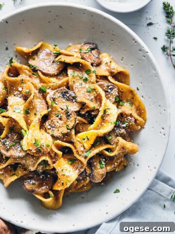 Mushroom Stroganoff in a white plate with fresh thyme and parmesan.