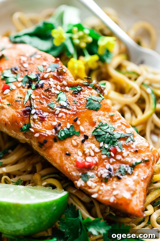 Maple glazed salmon on noodles.