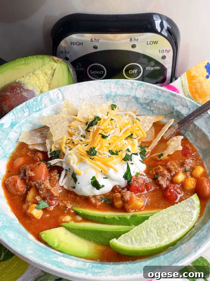 bowl of taco soup sitting in front of my slow cooker