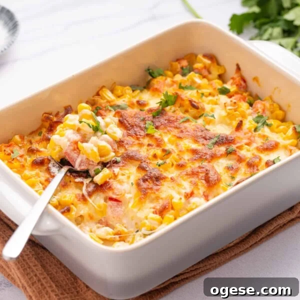 Crispy Air Fryer Nachos with Cheese & Quick Toppings 13 An image of cream cheese corn dip in a baking dish with a spoon full of the dip rests on top.