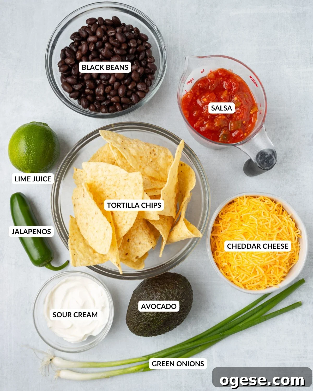 Crispy Air Fryer Nachos with Cheese & Quick Toppings 3 An overhead image of the ingredients of air fryer nachos.